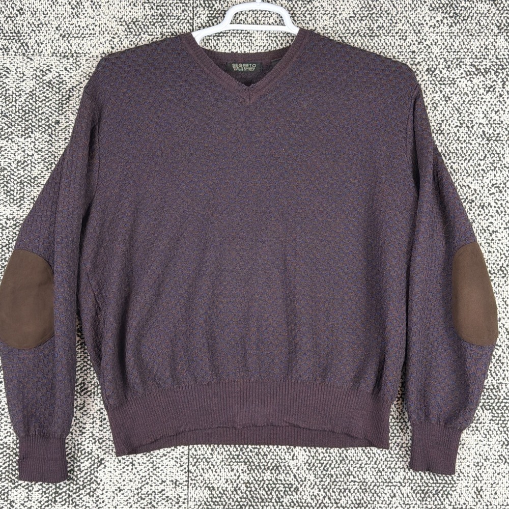 Segreto Merino Wool Sweater Mens Large Long Sleeve V Neck Leather Elbow Pad READ